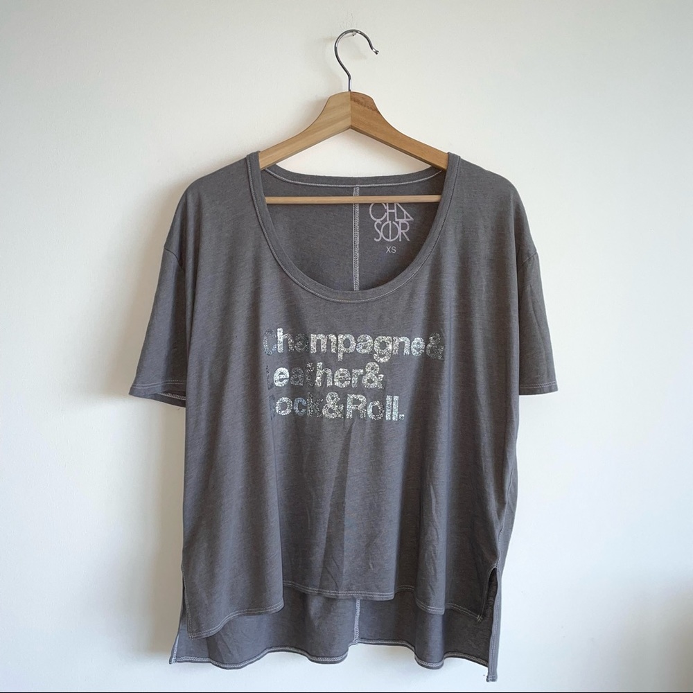 Champagne & Leather & Rock&Roll Silver Glitter lettering on a XS gray boxy tee